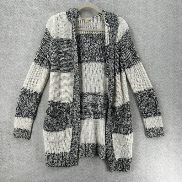 Michael Michael Kors Womens XS Knit Hooded Long Cardigan White Gray Striped‎ - Picture 1 of 14